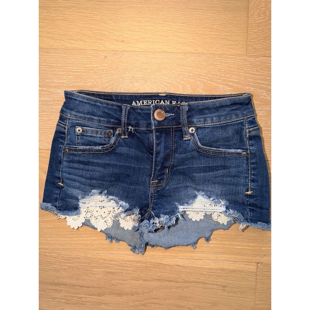 American Eagle Outfitters Cut-Off Shorts Womens 00 Blue Stretch Crochet Lace